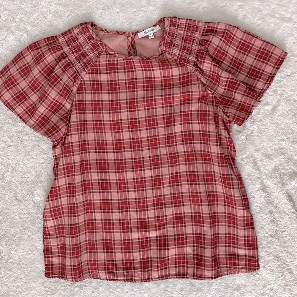 MADEWELL Plaid Gauze Flutter-Sleeve Top
